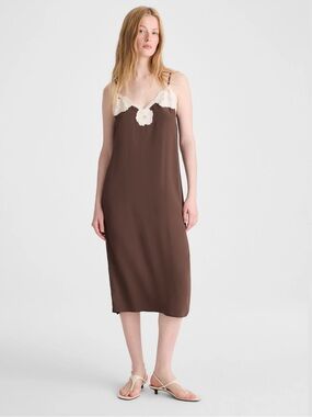 Madewell V-Neck Dark Brown Midi Slip Dress New with Flaw